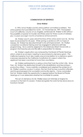 The first page of Governor Gavin Newsom's Commutation Order from this past Friday