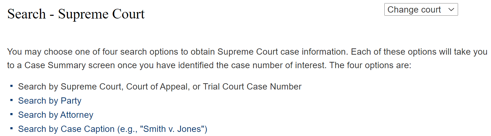 California Courts Website - Appellate Courts Case Information - Search - Supreme Court Case Search - Web UI Screenshot - Introduction
